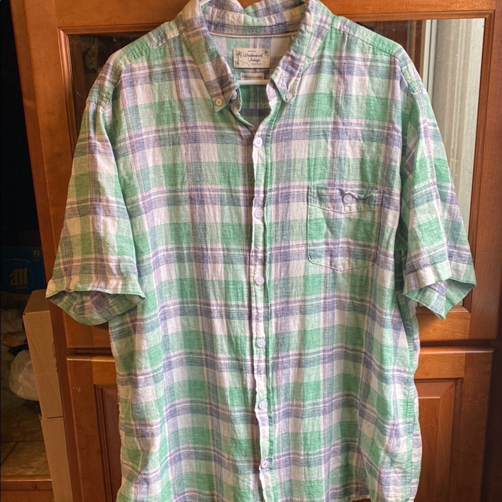 Vintage Linen Green and Blue Casual Button Down Shirt Summer Fall